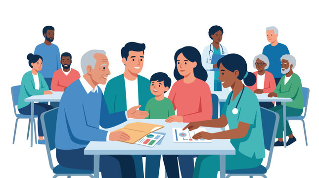 Vector illustration of a family consulting with a female doctor or nurse in a community health clinic. EPS Editable
