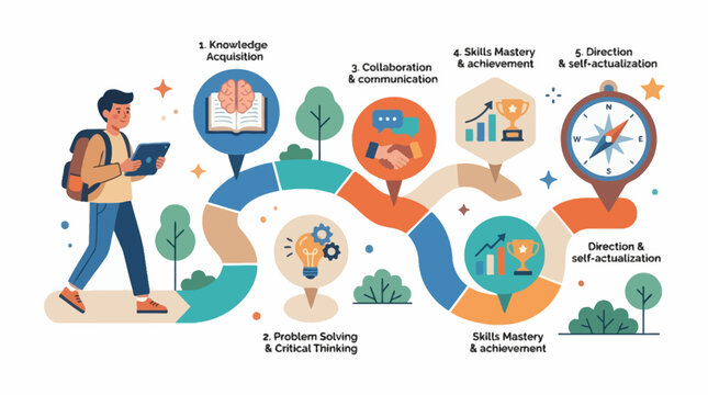 Vector illustration of a student walking along a winding career path and learning journey roadmap with milestones for personal growth and education. EPS Editable