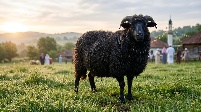 Black sheep standing in a rural meadow during a religious festival at dawn