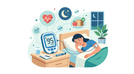 Fototapeta premium Vector illustration of a woman sleeping while monitoring her blood pressure and health indicators at night. EPS Editable