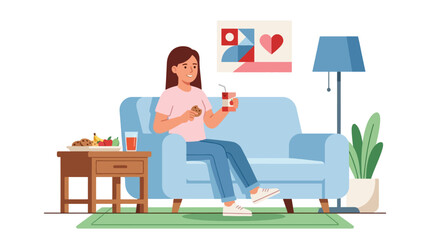 Fototapeta premium Vector illustration of a young woman sitting on a cozy sofa eating snacks at home. EPS Editable