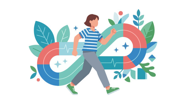 Vector illustration of a woman walking on an infinity loop track representing health and longevity. EPS Editable