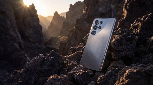 A sleek, modern smartphone, featuring multiple advanced camera lenses, stands boldly amidst dramatic, dark, and rugged rock formations. Warm, golden light dramatically illuminates the textured terrain