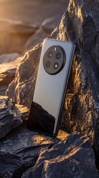 A sleek, modern smartphone, featuring multiple advanced camera lenses, stands boldly amidst dramatic, dark, and rugged rock formations. Warm, golden light dramatically illuminates the textured terrain