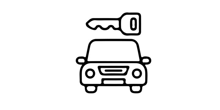 Car and key line icon vector illustration. Minimalist thin outline icon of a front view passenger automobile with car key, representing 