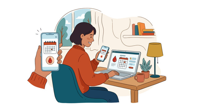 Woman tracking her menstrual cycle using period tracker application on smartphone and laptop at home. EPS Editable