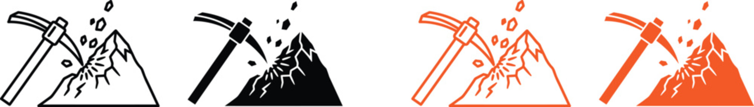 Mining icons with pickaxe and mountain
