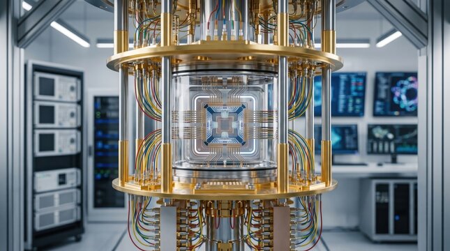 Advanced quantum computing processor technology, futuristic supercomputer hardware with gold cooling system in high tech data center laboratory environment.