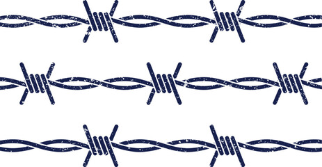 Fototapeta premium Grunge texture Three rows of dark blue barbed wire against a white background