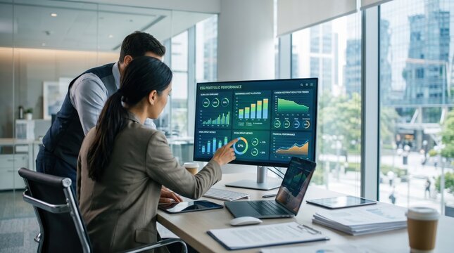 Colleagues reviewing ESG portfolio performance dashboard on large screen, discussing sustainable investment strategies and financial growth in bright office.