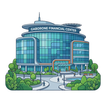 Modern Gaborone Financial Center building with landscaping and people