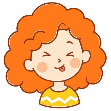 Cute girl avatar illustration with curly orange hair and funny tongue out expression transparent background