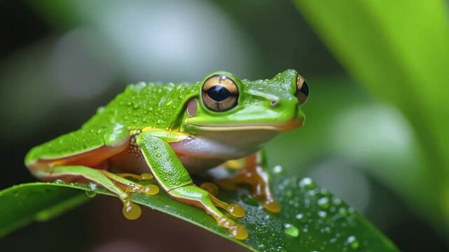 Vibrant green tree frog on wet leaf in tropical rainforest