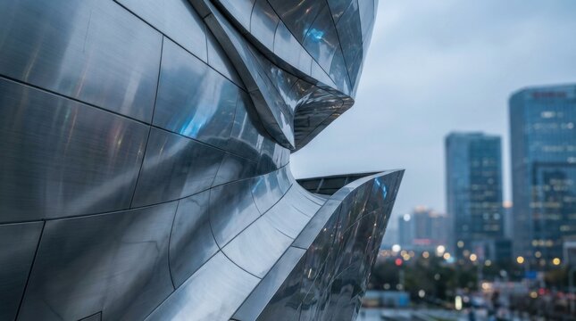 Abstract close-up of a modern architectural structure featuring curved reflective silver metal panels and steel cladding with a blurred city skyline background at twilight.