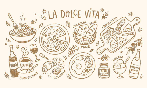 La Dolce Vita Italian Food Hand-Drawn Doodle Set with Pizza and Pasta