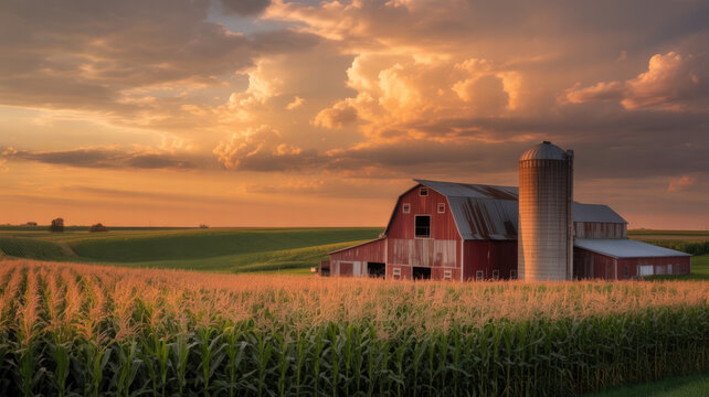 Red barn with silo in cornfield at golden hour