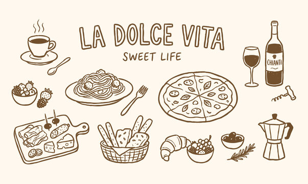 La Dolce Vita Italian Food Hand-Drawn Doodle Set with Pizza and Pasta