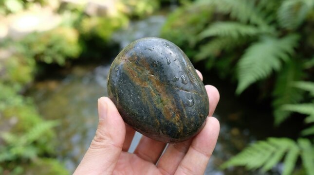 Close-up of a human hand holding a smooth, wet polished river stone with dark grey and brown veins, set against a blurred background of lush green ferns and a running garden stream.