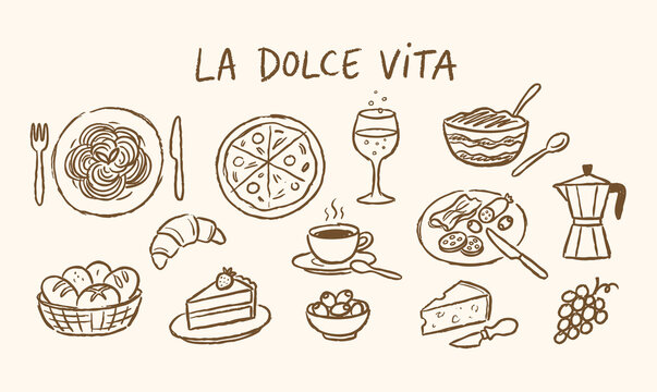La Dolce Vita Italian Food Hand-Drawn Doodle Set with Pizza and Pasta