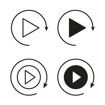 Replay icon collection in black color. Stroke Lines and flat silhouette style icons