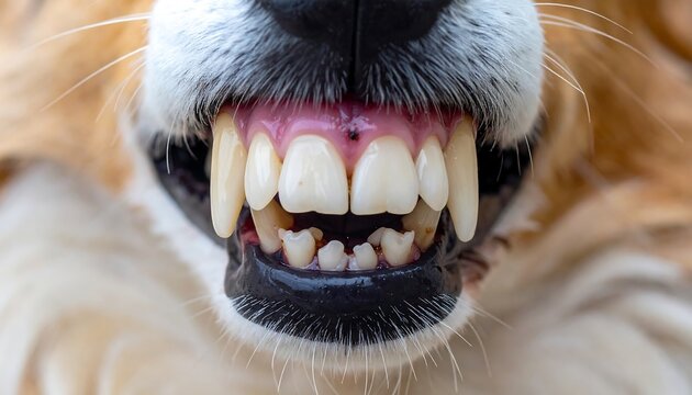Close-up shot of dog's mouth exposing teeth, gums, & fur