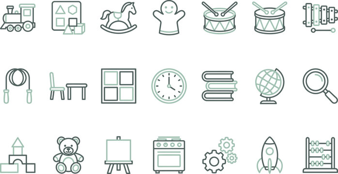 Minimalist vector illustration set featuring various educational toys and learning objects for children in school