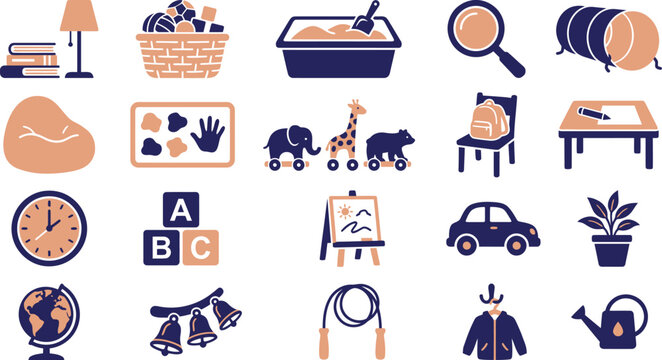 Detailed vector illustration featuring a collection of various educational nursery school classroom icons and objects