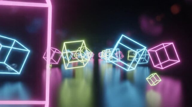 Abstract 3D motion graphics showing glowing neon wireframe cubes in pink, cyan and yellow floating through a dark digital space with soft bokeh light reflections and lens flares.