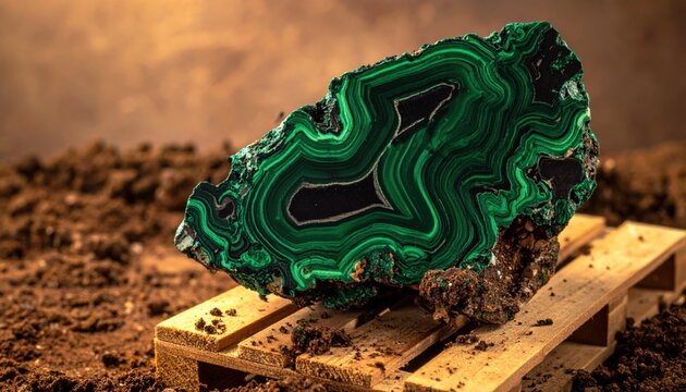 A large, unpolished chunk of vibrant green malachite mineral specimen with striking banded patterns resting on a wooden surface.