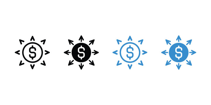 Fund Centralization Multiple Style Icon Design Vector Featuring Coin and Inward Arrows for Capital Consolidation and Financial Control