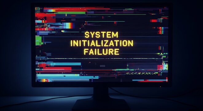 System initialization failure message on glitched computer monitor screen with digital noise and data corruption effects