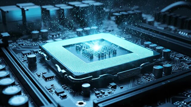 Hightech computer processor chip glowing with blue light on a motherboard