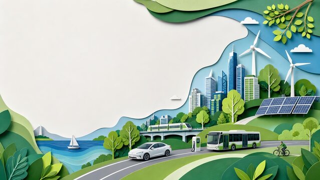 Paper Cut Out Eco Friendly Transport and Smart Green City Infrastructure for Sustainable Public Transportation Banner, Urban Mobility Layout, and Clean Background JPG