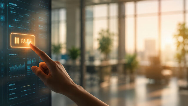 Hand pressing pause button on holographic screen in bright office, showcasing modern technology and productivity