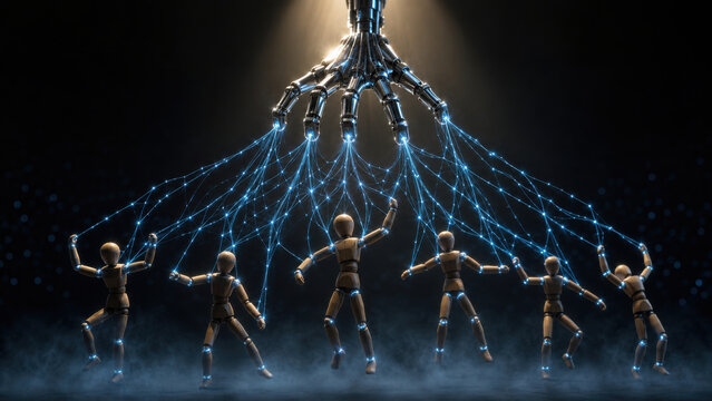Robotic hand controls multiple wooden mannequins, creating captivating scene of connection and manipulation