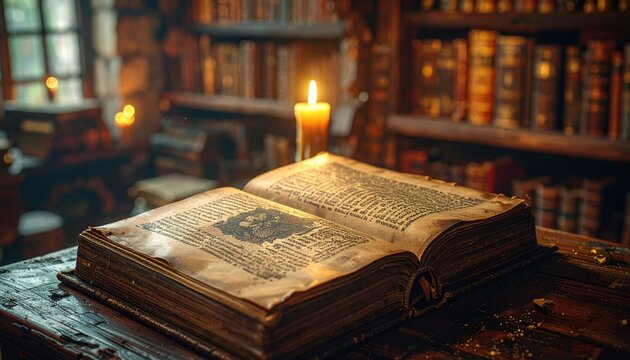 Open ancient leather-bound codex displaying intricate Gothic script and illustration, lit by a warm candle glow in a library setting