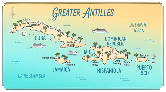 Discover the vibrant archipelago of the Greater Antilles, showcasing Cuba, Hispaniola, Jamaica, and Puerto Rico, with cruise ships navigating the azure Caribbean Sea and Atlantic Ocean waters