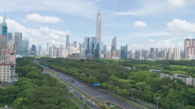 Futian District skyline and green park boulevard in Shenzhen China in Futian District, Shenzhen, China