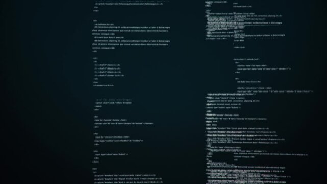 Virus text code and software hack with digital glitch effect background. Error signal loop. Cyber security. Source code text programming animation. Lines of code. Data center, technology.