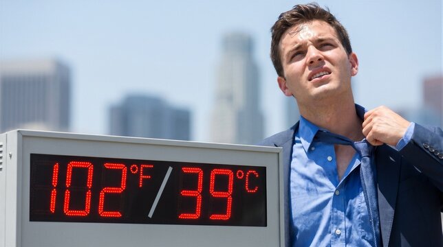 Young businessman loosening tie while standing next to a digital thermometer displaying 102 degrees fahrenheit and 39 degrees celsius