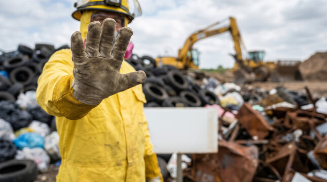 Worker in protective gear and yellow suit holding up hand to stop at a landfill or recycling site with heavy machinery in background