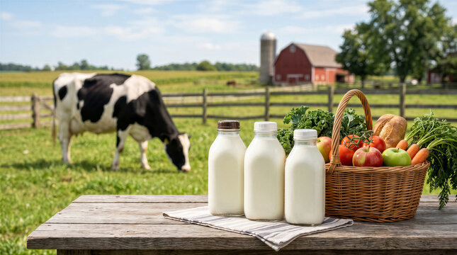 Fresh milk bottles and a basket of farmfresh produce on a rustic wooden table with a grazing cow and red barn in the background