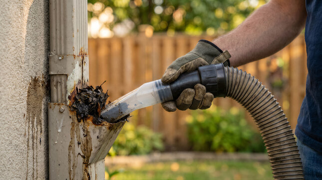 Closeup of a person using a vacuum to clean wet leaves and debris out of a clogged residential downspout on a house exterior