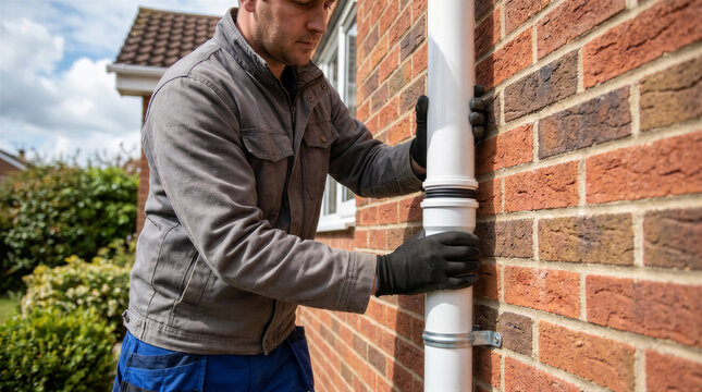 Professional plumber installing a white plastic downpipe on a brick wall of a residential house during a home renovation project
