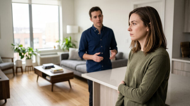 Stressed couple having a difficult conversation in their modern apartment living room, focusing on communication and relationship issues
