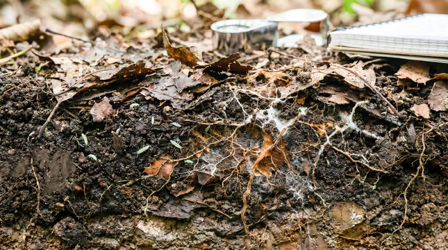 Soil profile analysis showing fungal mycelium network and springtails with research equipment in background