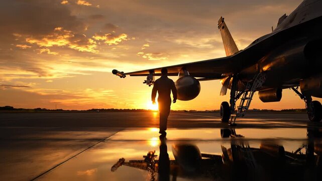 Silhouette of a pilot standing next to a fighter jet on the runway during a golden sunset
