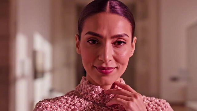 cheerful woman in pink, pink day beauty portrait wearing an embellished high neck top, smiling with polished makeup in warm window shadow, soft pink highlights, and refined fashion mood today