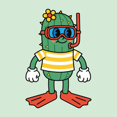 Summer Cactus Cartoon Character Wearing Snorkel and Flippers Vector Illustration © Endless Summer