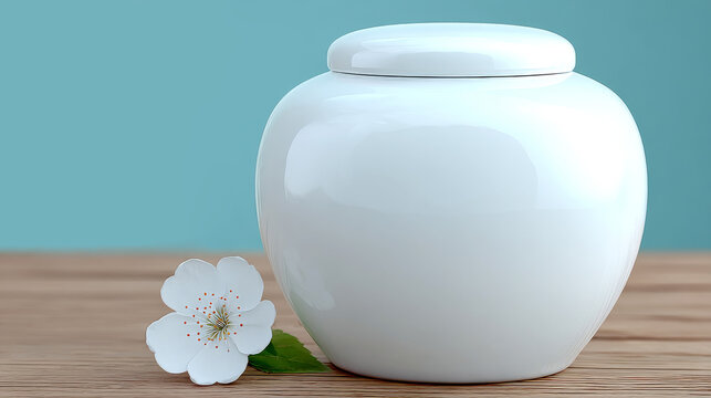 a smooth, white ceramic urn is placed on a wooden surface beside a single white blossom against a teal background.